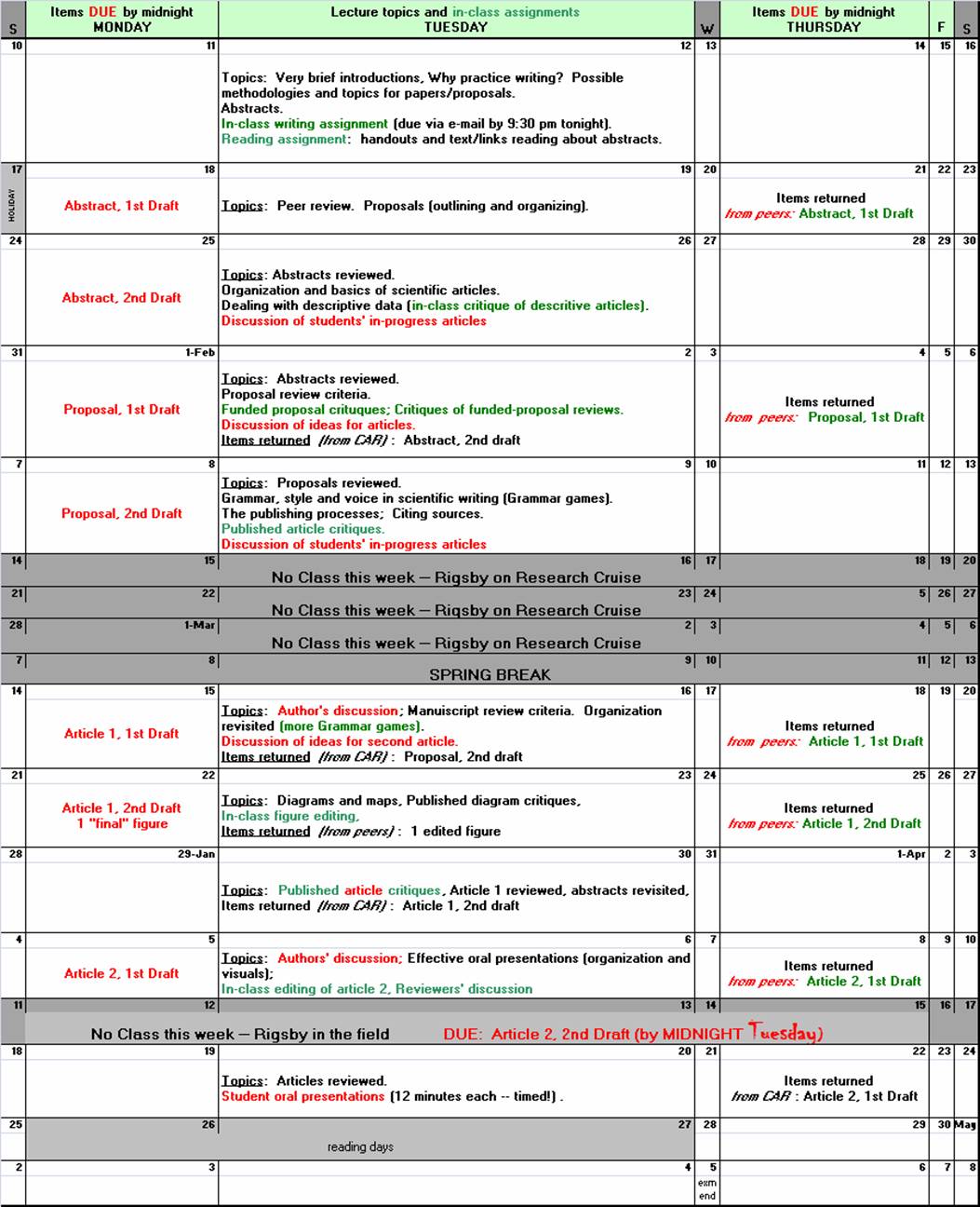 Geology 6900 Lecture/Discussion/Deadlines Schedule