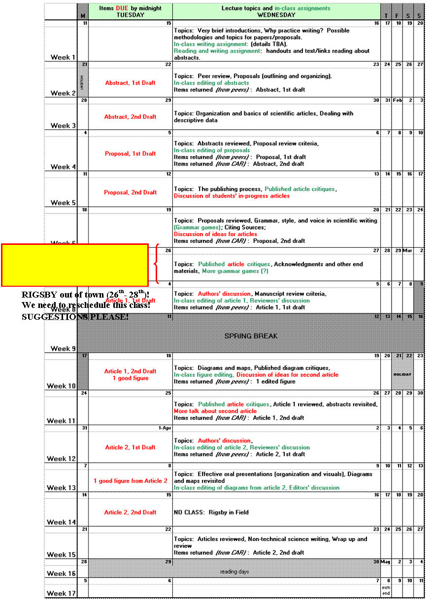 Geology 6900 Lecture/Discussion/Deadlines Schedule