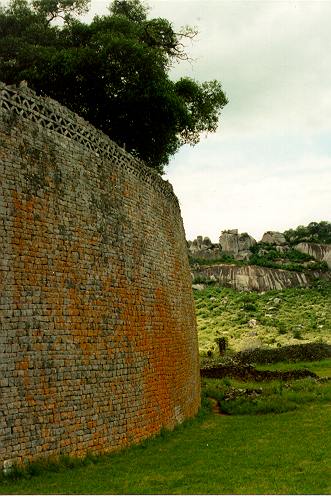 Outer Wall, Great Enclosure Looking at the
Hill Complex, Great Zimbabwe, John Hobgood, 1997